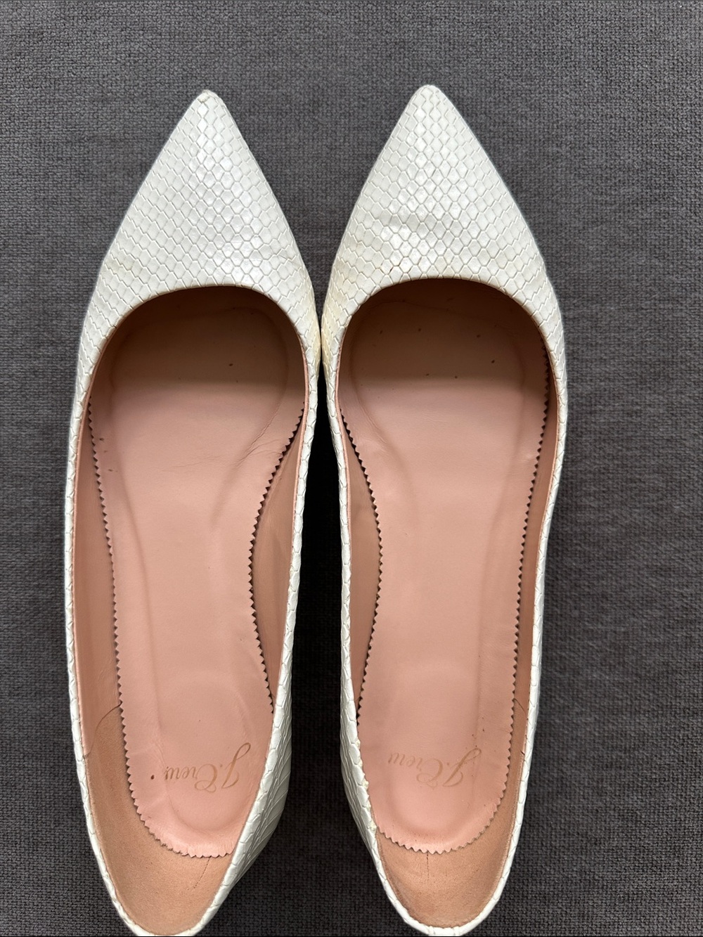 J. Crew White Pointed-Toe Textured Flats with Pink Insole